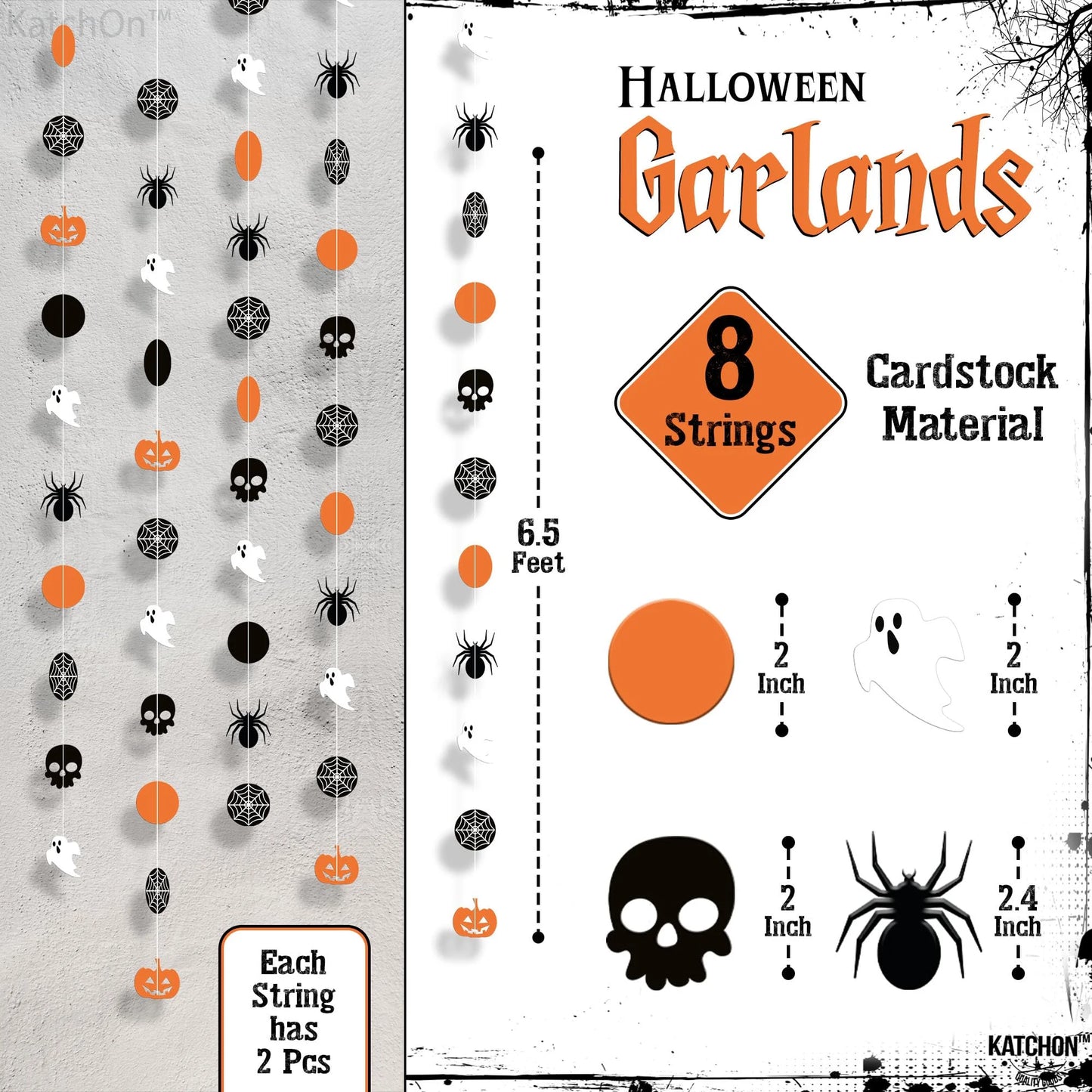, Orange and Black Halloween Garland - 6.5 Feet, 8 String | Halloween Pumpkin Garland, Halloween Decorations | Skull Garland Halloween | Halloween Hanging Garland, Halloween Party Decorations